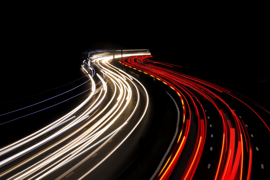 Aerial view of traffic flowing along a road at night
